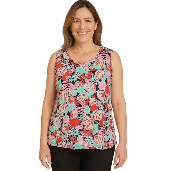TALBOTS Tank Top Women’s 1X Pink Red Bright Tropical Print Scuba Fabric Tunic - Picture 1 of 14
